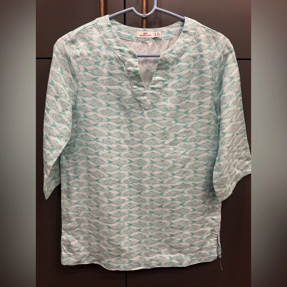 Vineyard Vines Girls 100% Linen Fish Print Tunic – Size M (10–12)